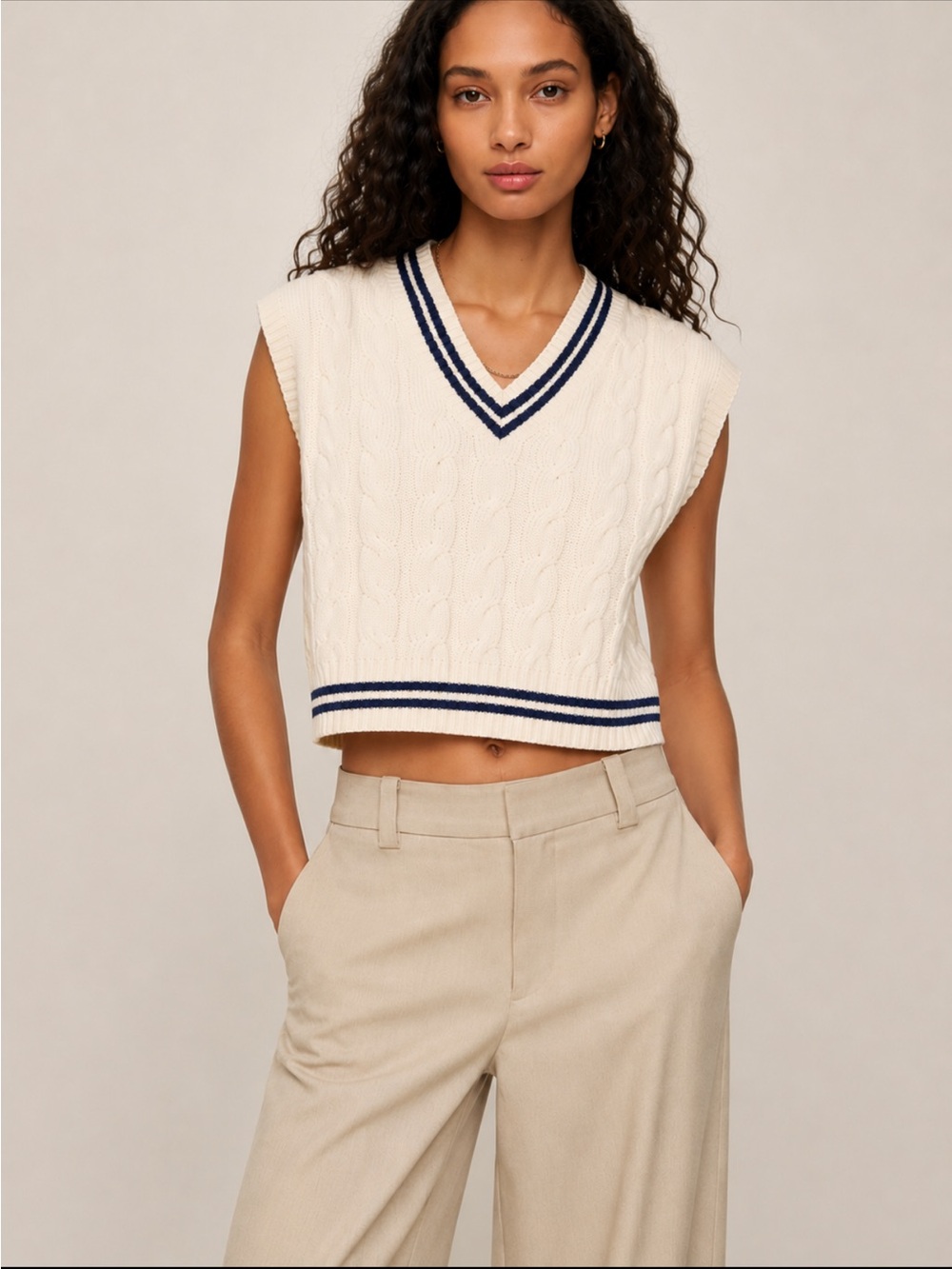 Sleeveless Cable Knit V-Neck Crop Sweater Vest in Cream and Navy